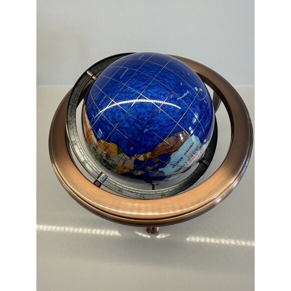 VINTAGE LAPIS LAZULI WORLD GLOBE DESK TABLE TOP GEMSTONES COPPER STAND COMPASS - Picture 10 of 16